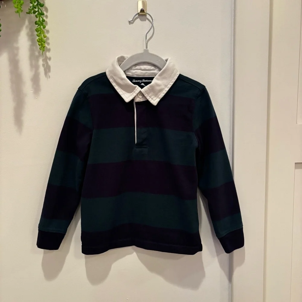 Tommy Bahama Toddler Boys Rugby Long Sleeve Navy Green Striped Shirts Size XS 4